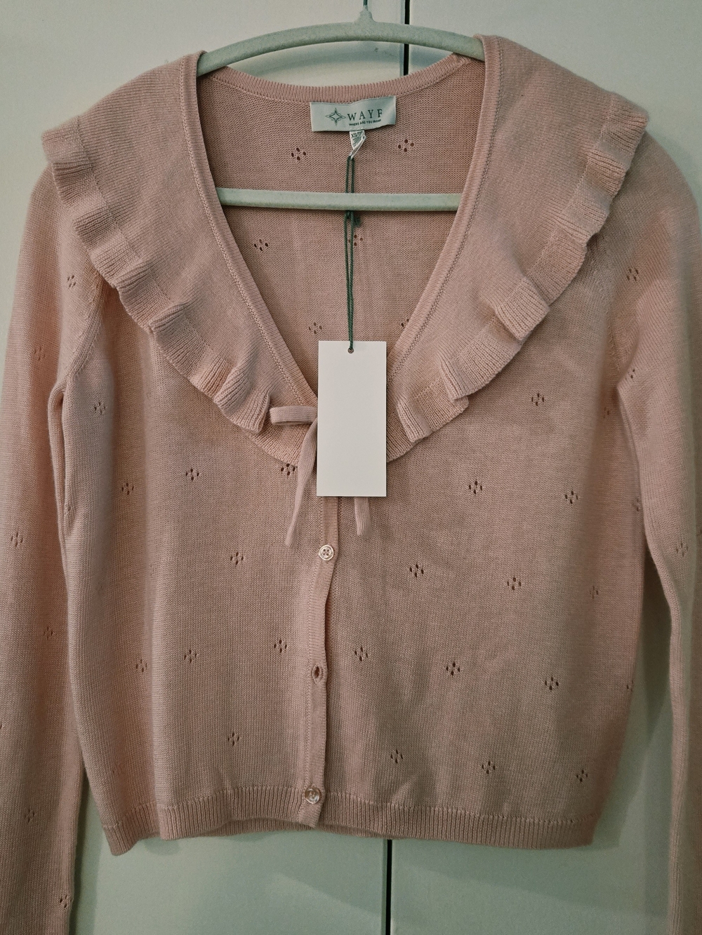 WAYF Pink Ruffle-Trim Knit Cardigan Sweater